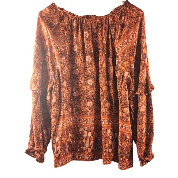 American Eagle Burnt Orange Floral Print Long Sleeve Peasant Blouse Sz Large - Picture 3 of 6